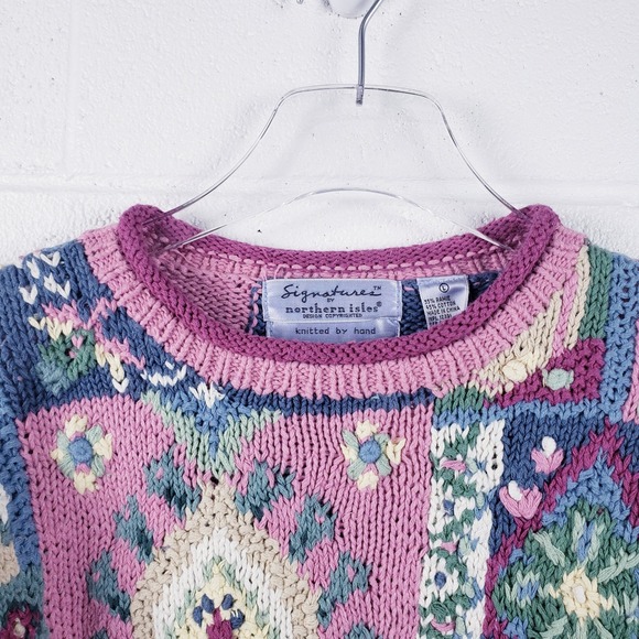 Signatures by Northern Isles Sweater Pink Blue Patchwork Floral Hand Knit Large - Picture 4 of 7